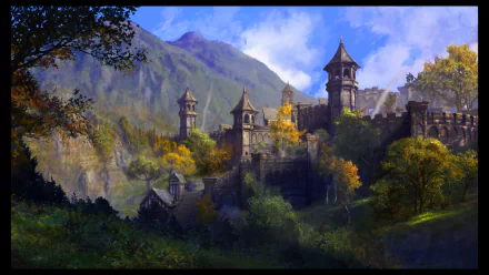 A scenic HD PC desktop wallpaper featuring a fortress surrounded by autumn trees and mountains from the video game The Elder Scrolls Online.
