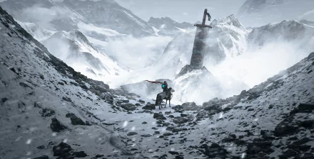 A fantasy warrior on horseback wields a sword amid a snowy mountain landscape with a towering, ancient structure in the background, captured in HD winter scenery.