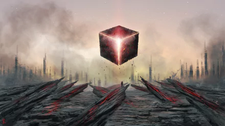 A striking sci-fi cityscape features a central glowing cube amidst a dramatic landscape, showcasing artistic elements in a high-definition desktop wallpaper.