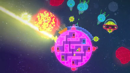 HD desktop wallpaper featuring a scene from 'Lovers in a Dangerous Spacetime' game, with colorful spaceships and vibrant explosions in space.