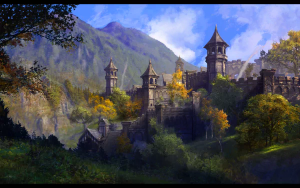 A scenic HD PC desktop wallpaper featuring a fortress surrounded by autumn trees and mountains from the video game The Elder Scrolls Online.