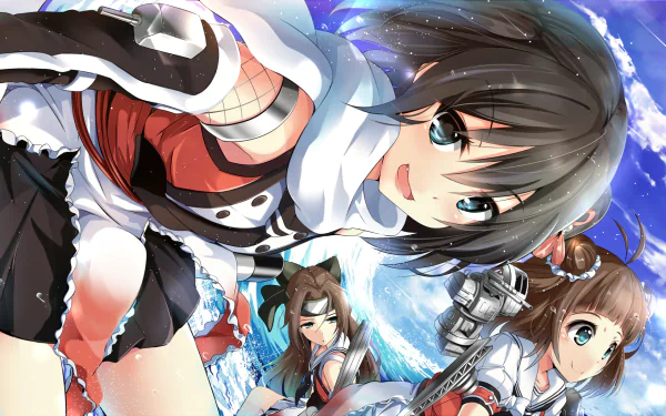 HD wallpaper featuring characters Sendai, Jintsu, and Naka from Kantai Collection, set against a vibrant ocean backdrop, showcasing an anime aesthetic.