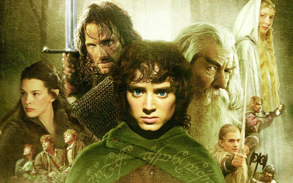 HD PC desktop wallpaper featuring key characters from the movie The Lord of the Rings: The Fellowship of the Ring in a dramatic, fantasy-themed composition.