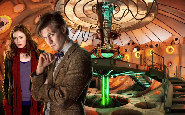HD desktop wallpaper featuring Karen Gillan as Amy Pond and Matt Smith as the Doctor inside the TARDIS from the TV show Doctor Who (2005).