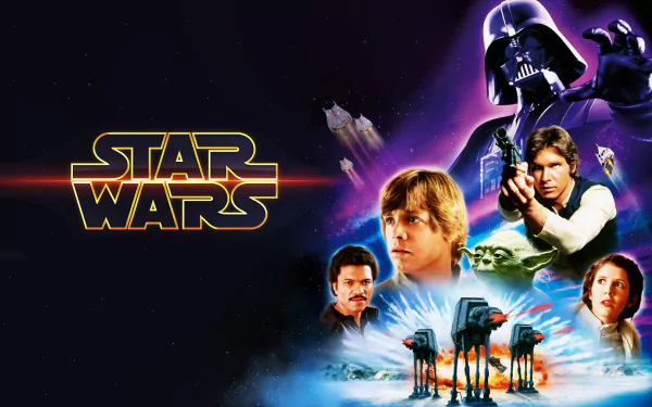 A vibrant HD wallpaper featuring iconic characters from Star Wars Episode V: The Empire Strikes Back, including Luke Skywalker, Princess Leia, Han Solo, and Darth Vader, along with AT-AT Walkers and Yoda.