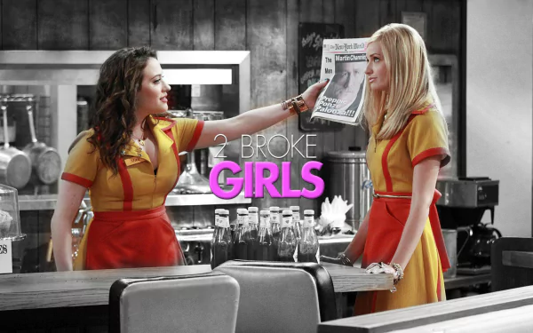 Two waitresses from the TV show 2 Broke Girls, Max Black and Caroline Channing, engage in conversation while dressed in matching yellow and red uniforms. The background is styled as a HD wallpaper.