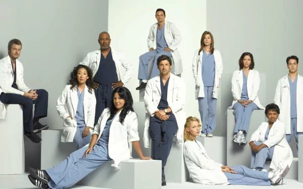 HD desktop wallpaper featuring the cast of the TV show Grey's Anatomy, showcasing the characters in medical attire.