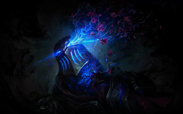 HD desktop wallpaper featuring Zed from the video game League of Legends, showcasing him in dark, mysterious lighting with vibrant blue and pink energy emanating from his helmet.