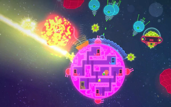 HD desktop wallpaper featuring a scene from 'Lovers in a Dangerous Spacetime' game, with colorful spaceships and vibrant explosions in space.