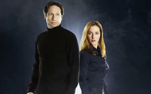 HD PC desktop wallpaper of The X-Files: two agents stand back-to-back against a smoky, shadowed night background.