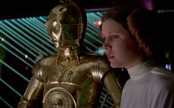 Carrie Fisher as Princess Leia Organa stands beside C-3PO in a scene from Star Wars Episode IV: A New Hope, showcasing their iconic partnership in a vibrant, sci-fi setting.