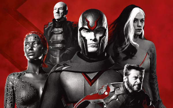 HD PC desktop wallpaper of the X‑Men: Days of Future Past movie — Magneto center with Professor X, Mystique, Wolverine and other characters posed against a red background.