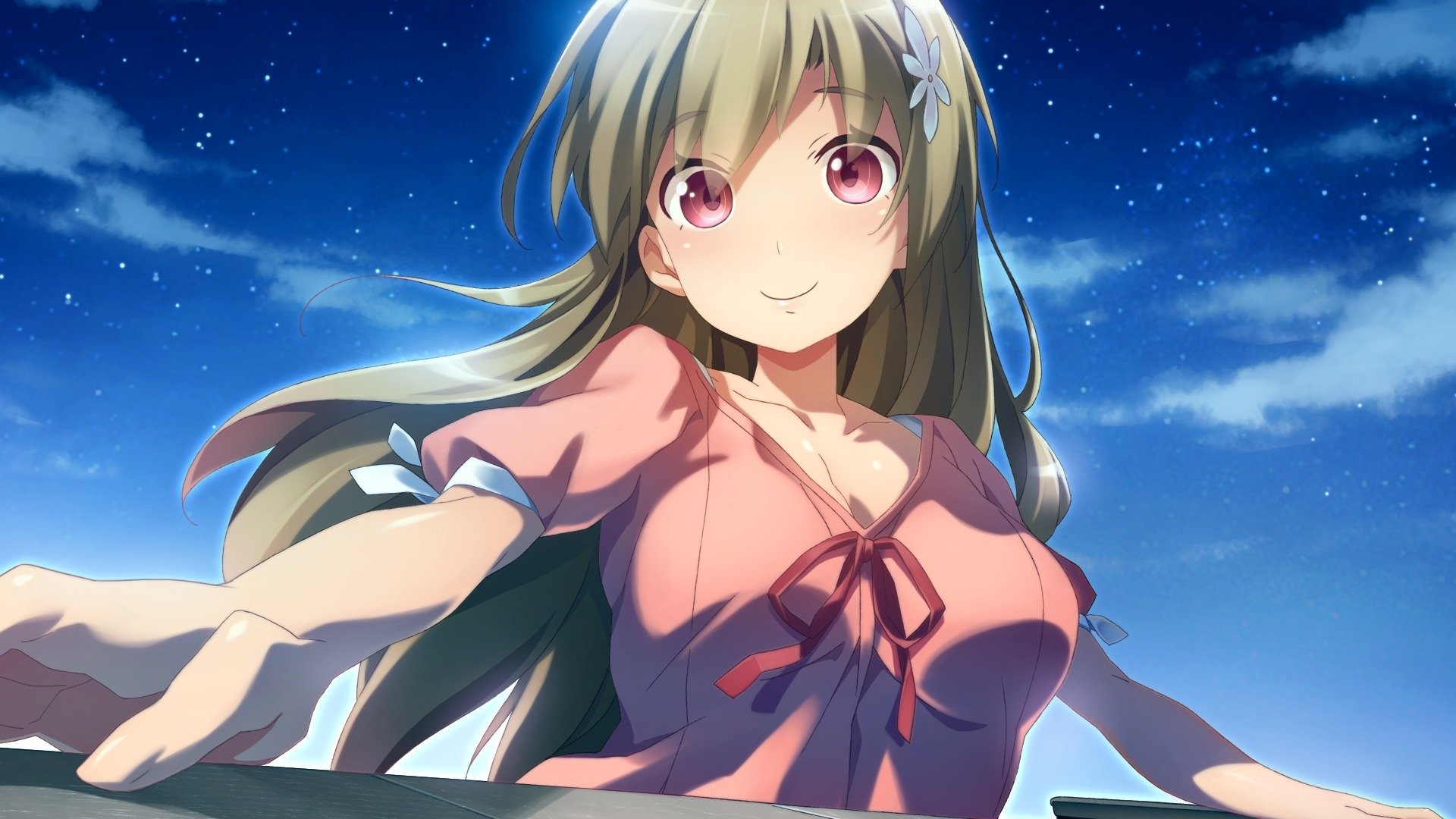 A cheerful anime character with green hair and red eyes smiles warmly against a starry sky, creating a captivating HD desktop wallpaper.