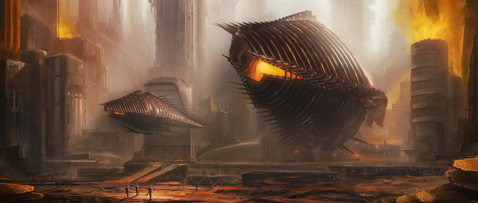 A bold sci-fi cityscape featuring alien spaceships amidst fiery destruction, capturing the essence of a space invasion with dramatic architecture and vibrant colors.