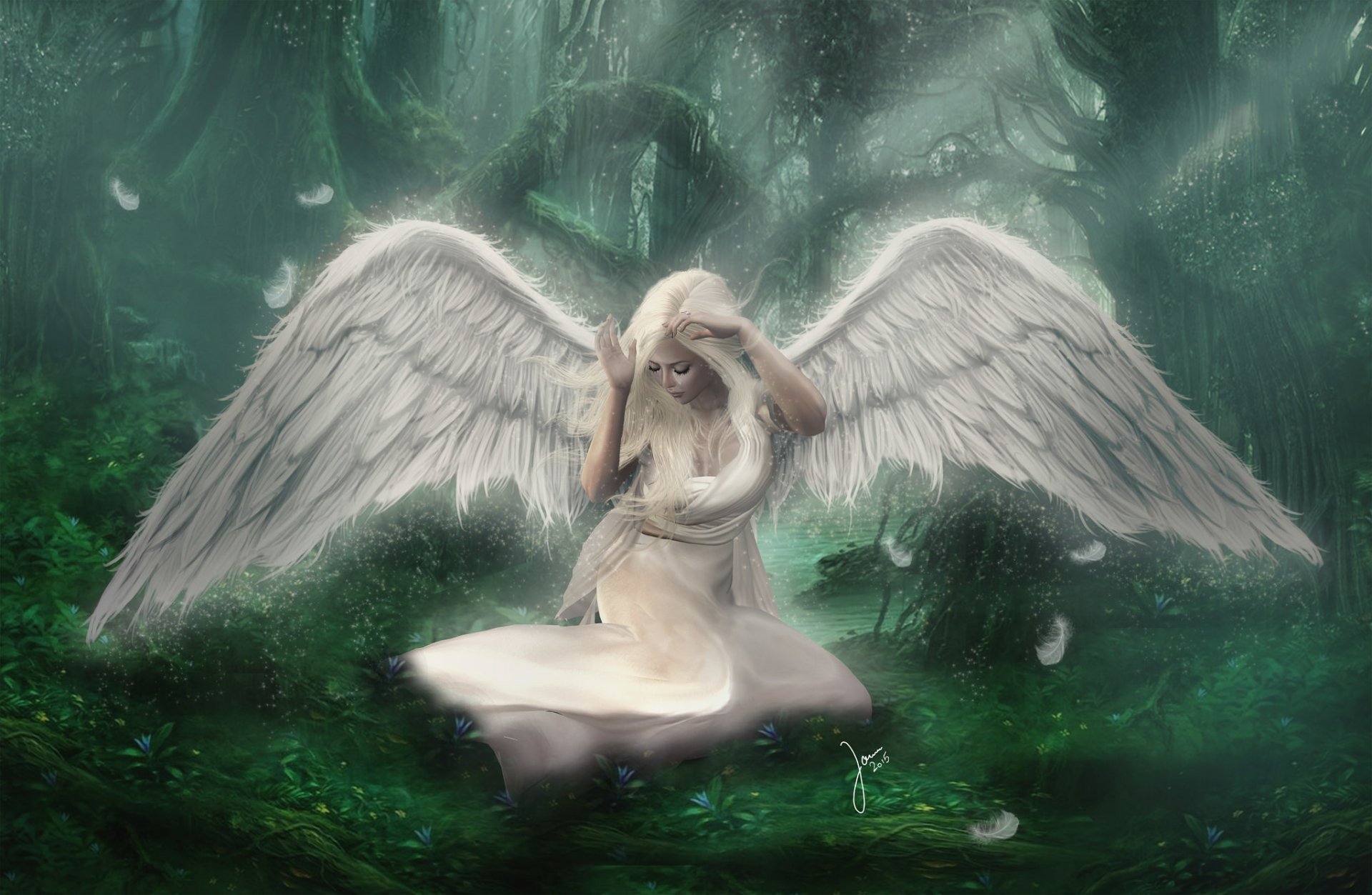 Sad Angel in the Forest - HD Wallpaper