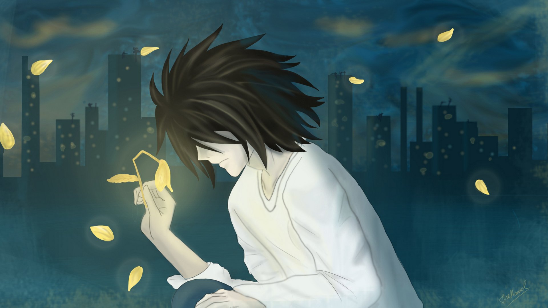 A serene anime scene featuring Light Yagami amidst floating petals and a city backdrop, capturing a moment of reflection in high-definition art.