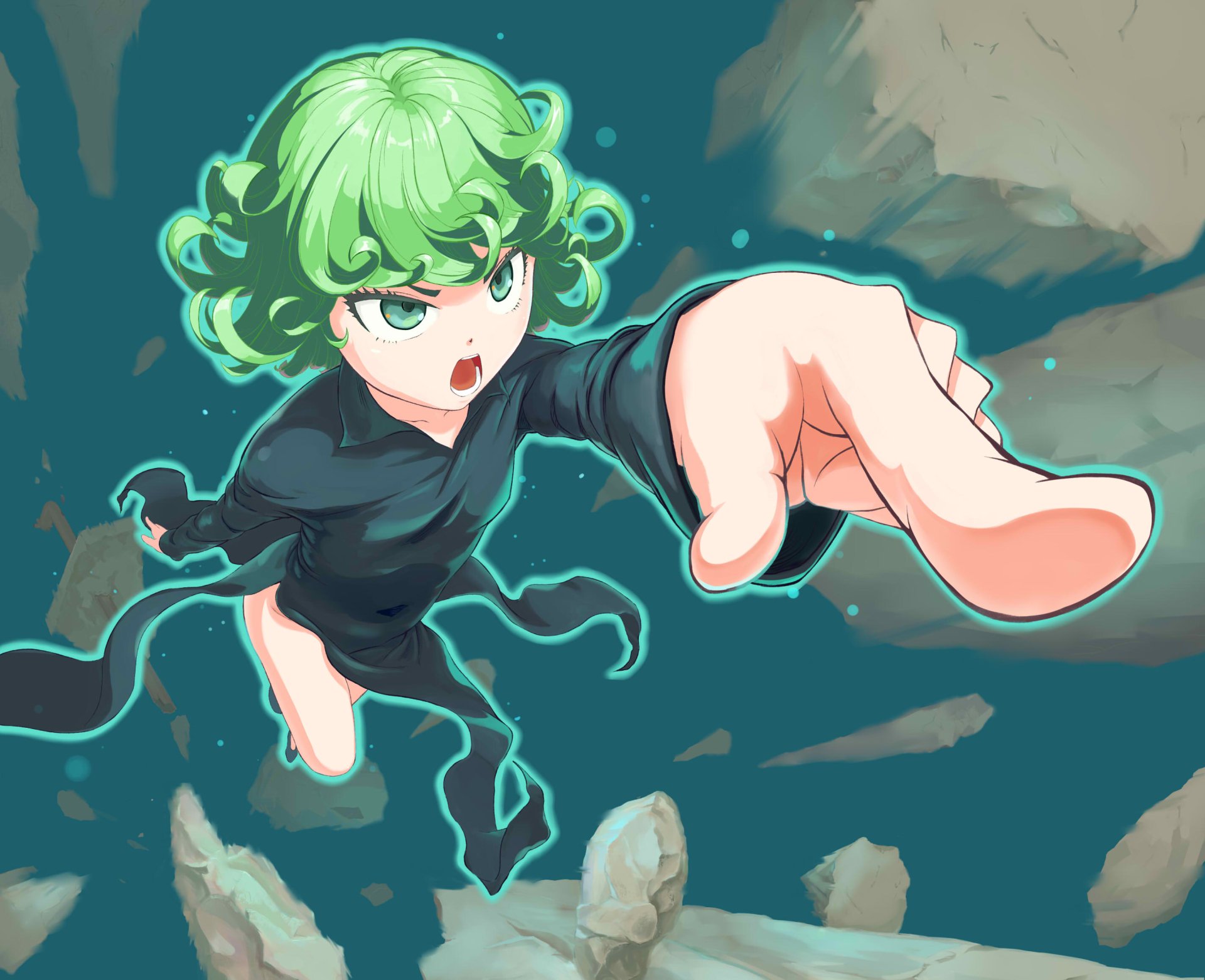 HD PC desktop wallpaper featuring Tatsumaki from the anime One-Punch Man, depicted in dynamic action with green hair and a powerful pose.