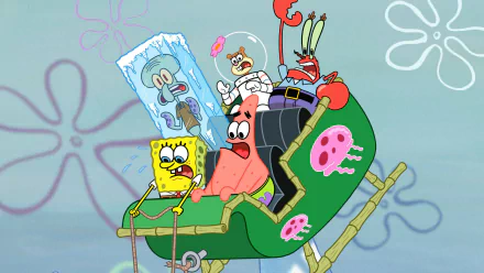 A vibrant HD wallpaper featuring characters from the TV show SpongeBob SquarePants. SpongeBob, Patrick, and others are depicted on a whimsical vehicle, capturing their adventurous spirit.