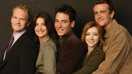 HD desktop wallpaper featuring the main cast of the TV show How I Met Your Mother: Neil Patrick Harris, Jason Segel, Josh Radnor, Alyson Hannigan, and Cobie Smulders.
