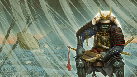 HD PC desktop wallpaper featuring a samurai in detailed armor from the video game Total War: Shogun 2, set against a dynamic, stormy background.