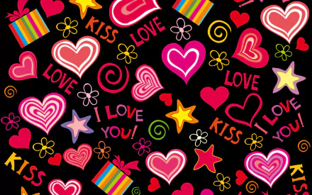 Colorful Valentine's Day collage featuring hearts, love-themed words, stars, and gift boxes on a black background, designed as an HD PC desktop wallpaper.