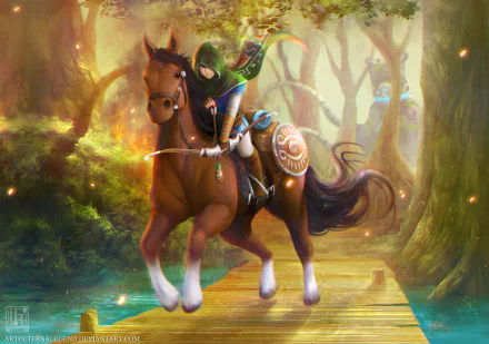 A high-definition desktop wallpaper featuring a scene from The Legend of Zelda: Breath of the Wild, depicting a horse and a green-clad character riding through a luminous forest.