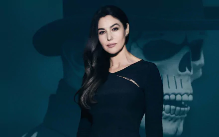 Monica Bellucci as Lucia Sciarra from the movie Spectre, set against a dramatic backdrop with a skeleton figure, creates an engaging HD desktop wallpaper.