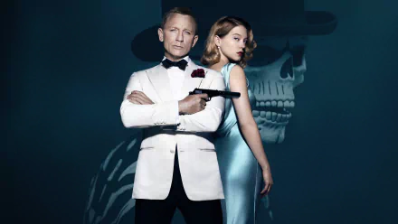 Daniel Craig as James Bond stands confidently with a gun, beside Léa Seydoux as Madeleine Swann, against a striking backdrop inspired by the movie Spectre. 