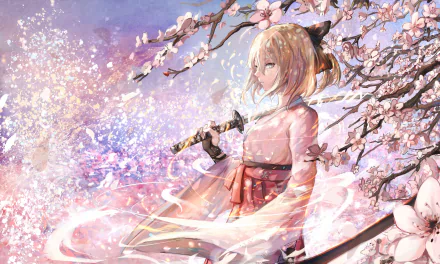Anime character Okita Sōji from Fate/Grand Order in a kimono, holding a katana under sakura blossoms. Blonde hair, confident expression, HD wallpaper background.