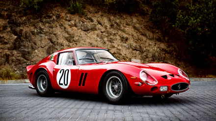 HD desktop wallpaper featuring a red Ferrari 250 GTO supercar with racing number 20, parked on a stone driveway against a rocky backdrop.