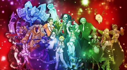 HD desktop wallpaper featuring a vibrant background with characters from the anime Overlord. The image showcases various colorful and detailed anime characters.
