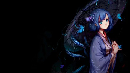 A vibrant HD wallpaper featuring Cirno from Touhou, dressed in traditional attire, holding an umbrella adorned with flowers, set against a dark, enchanting background.