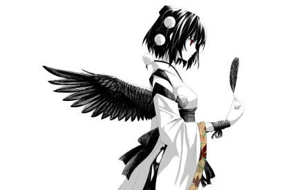 Aya Shameimaru stands elegantly with red eyes and feathered wings, wearing a traditional kimono. Her short hair complements her angelic appearance in this striking anime wallpaper.