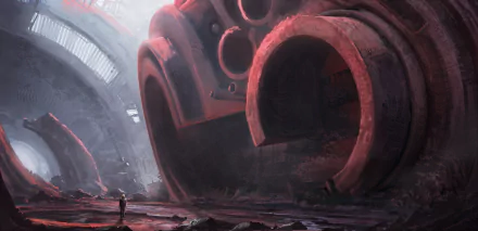 A futuristic scene depicts an astronaut standing before massive, industrial structures in a sci-fi world, showcasing a striking HD desktop wallpaper and background.