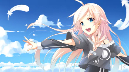Anime-style HD desktop wallpaper featuring IA (Vocaloid) with long pink hair, blue eyes, and a feather. She is reaching out joyfully against a backdrop of a bright blue sky with fluffy white clouds.