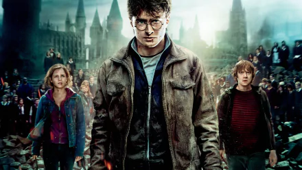HP and the Deathly Hallows: Part 2 wallpaper featuring Harry Potter, Hermione Granger, and Ron Weasley in a dramatic scene against a backdrop of Hogwarts and a gathering crowd.