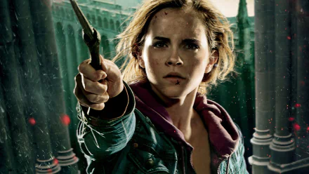 A high-definition desktop wallpaper featuring a character from Harry Potter and the Deathly Hallows: Part 2, wielding a wand with determination amidst a dramatic backdrop.