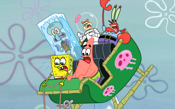 A vibrant HD wallpaper featuring characters from the TV show SpongeBob SquarePants. SpongeBob, Patrick, and others are depicted on a whimsical vehicle, capturing their adventurous spirit.