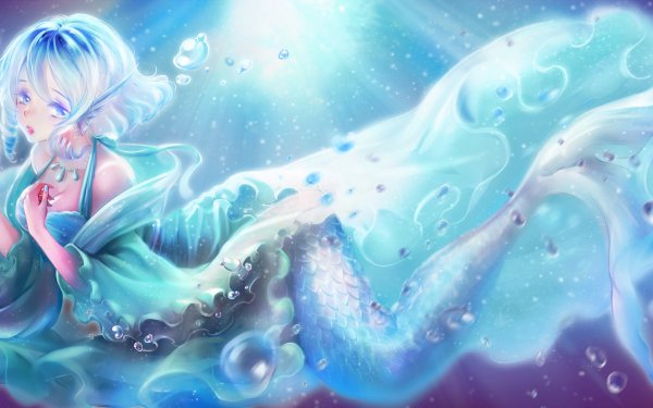 Anime Touhou Short Hair Blue Hair Blue Eyes Water Mermaid Wakasagihime Video Game Animal Ears Necklace HD Wallpaper | Background Image