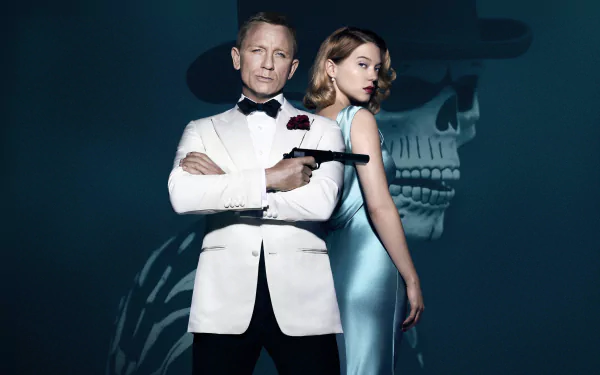 Daniel Craig as James Bond stands confidently with a gun, beside Léa Seydoux as Madeleine Swann, against a striking backdrop inspired by the movie Spectre. 