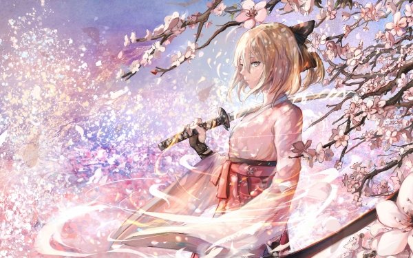 Anime Fate/Grand Order Fate Series Saber Kimono Katana Blonde Sakura Blossom Fate Okita Sōji HD Wallpaper | Background Image