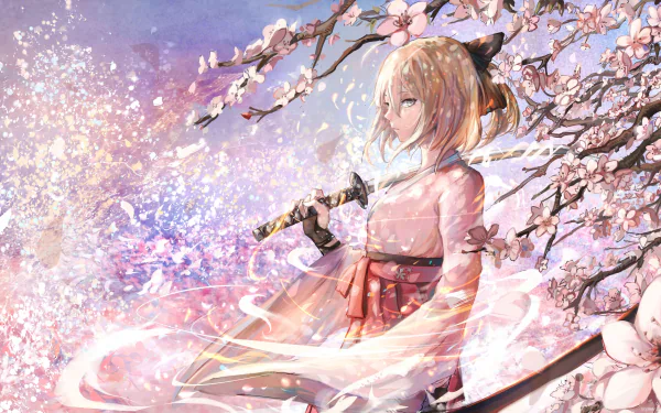 Okita Sōji Fate (Series) sakura blossom blonde katana kimono Saber (Fate Series) Anime Fate/Grand Order HD Desktop Wallpaper | Background Image