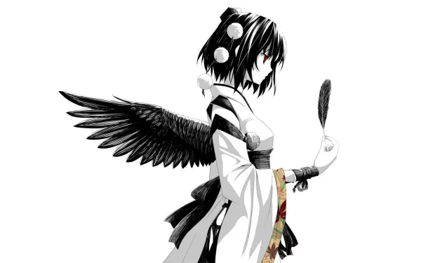 Aya Shameimaru stands elegantly with red eyes and feathered wings, wearing a traditional kimono. Her short hair complements her angelic appearance in this striking anime wallpaper.