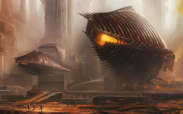A bold sci-fi cityscape featuring alien spaceships amidst fiery destruction, capturing the essence of a space invasion with dramatic architecture and vibrant colors.