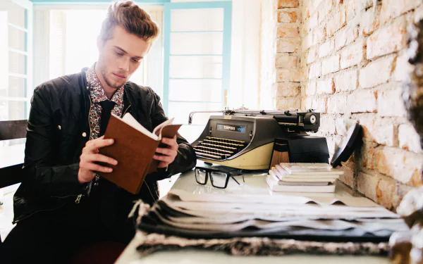 HD PC desktop wallpaper and background: male model reads a book beside a vintage typewriter on a brick-walled desk, glasses and stacked books nearby.