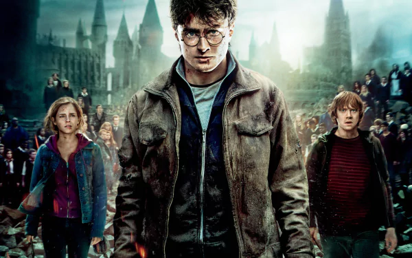 HP and the Deathly Hallows: Part 2 wallpaper featuring Harry Potter, Hermione Granger, and Ron Weasley in a dramatic scene against a backdrop of Hogwarts and a gathering crowd.