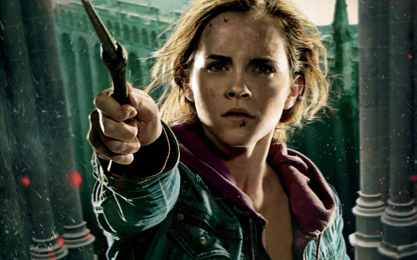 A high-definition desktop wallpaper featuring a character from Harry Potter and the Deathly Hallows: Part 2, wielding a wand with determination amidst a dramatic backdrop.