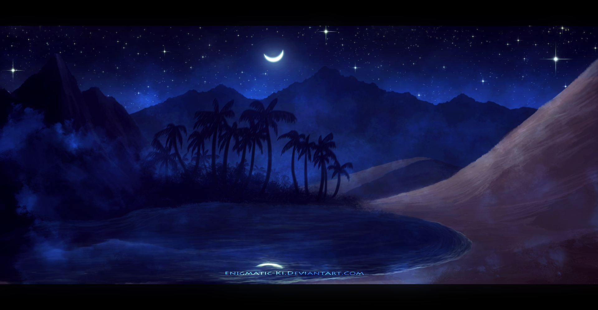 4K Ultra HD PC desktop wallpaper: moonlit fantasy desert landscape with a serene oasis, silhouetted palm trees, rolling dunes and a starry sky with a crescent moon.