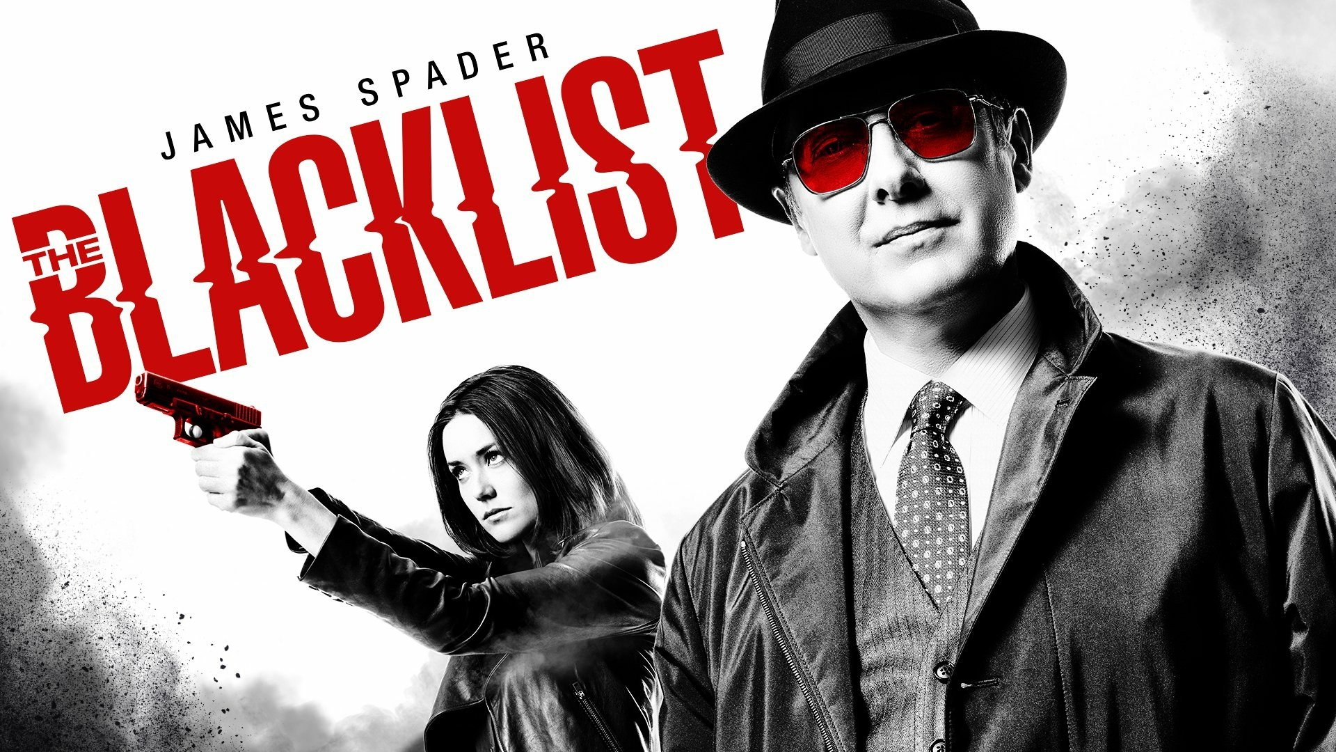HD PC desktop wallpaper for TV show The Blacklist: stylized black-and-white image with red accents, a man in a hat and sunglasses and a woman aiming a handgun.