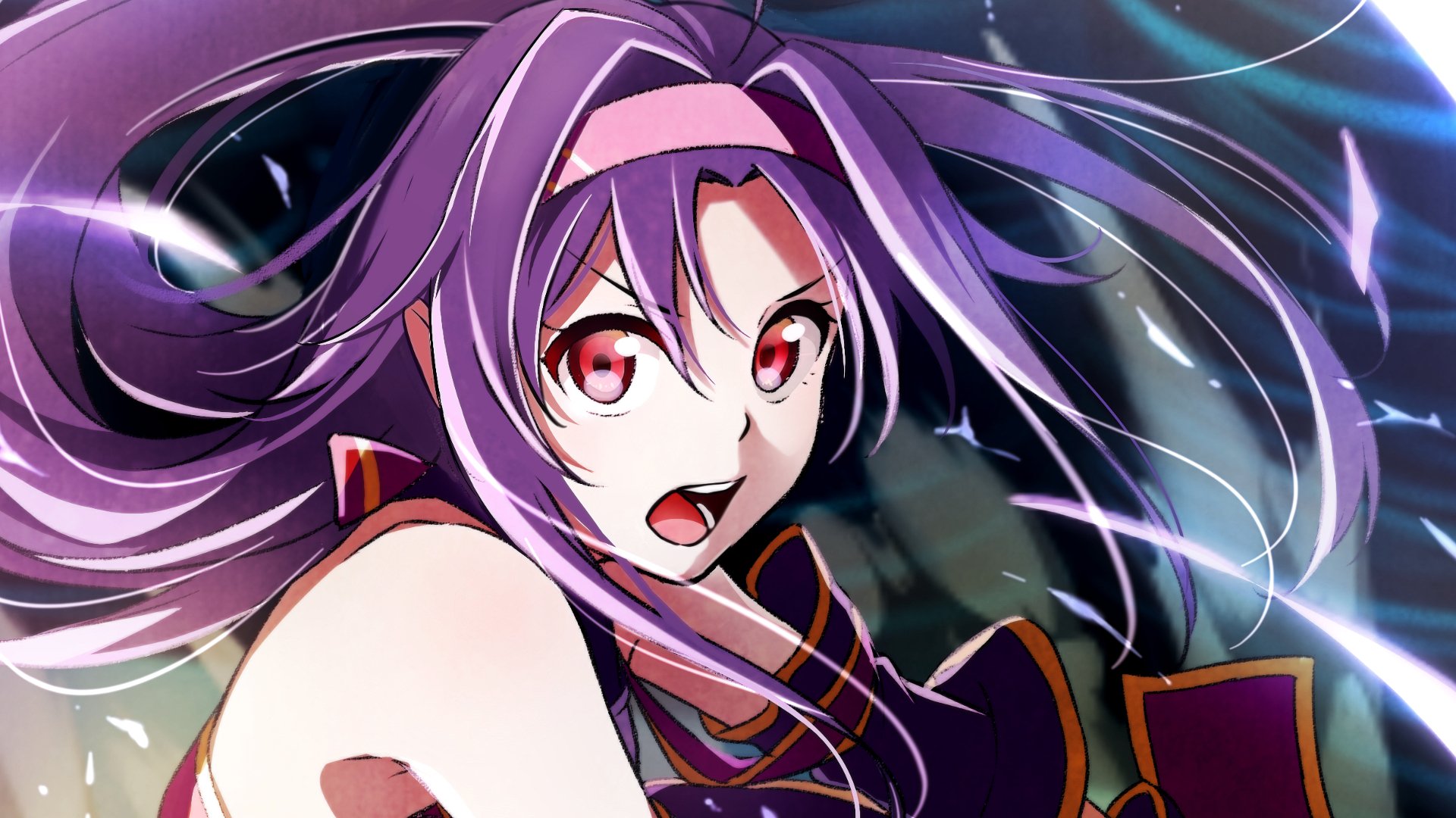 HD PC desktop wallpaper featuring Yuuki Konno from Sword Art Online II, showcasing vibrant anime-style art with dynamic purple hair and intense red eyes.